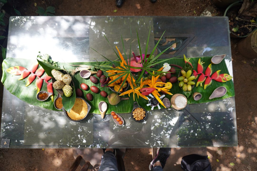 Mesa de frutos amazónicos servida sobre hoja de plátano