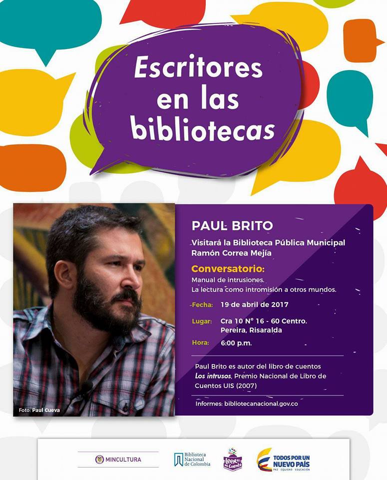 El escritor Paul Brito visitará bibliotecas públicas de Risaralda