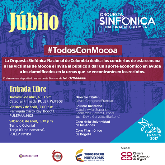 La Sinfónica Nacional presenta tres conciertos en honor a las víctimas de Mocoa. 